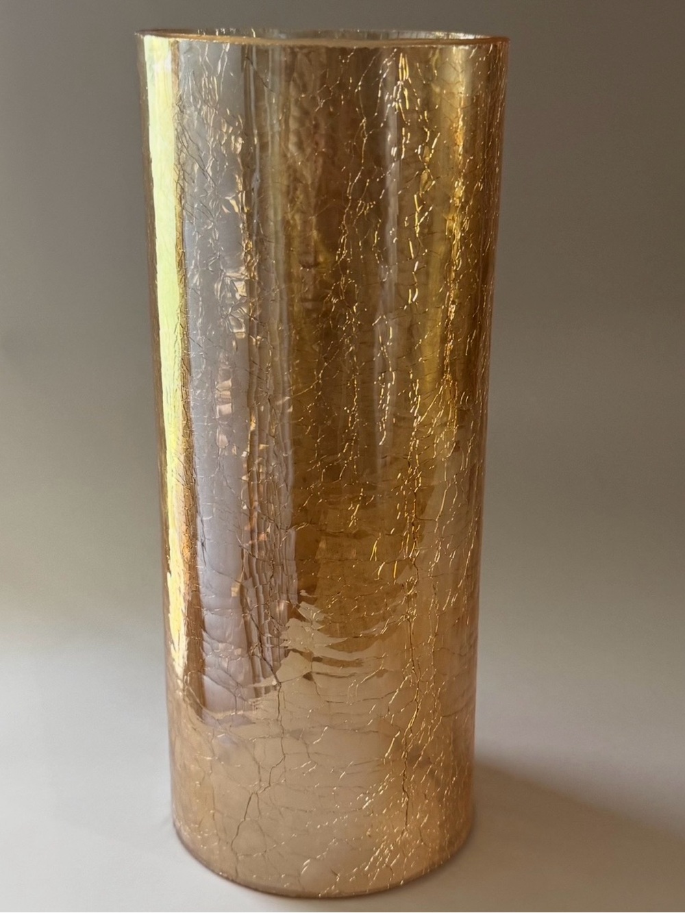 Mid Century Amber Iridescent Crackle Glass Cylinder Hurricane Chimney Shade 8 ¾”